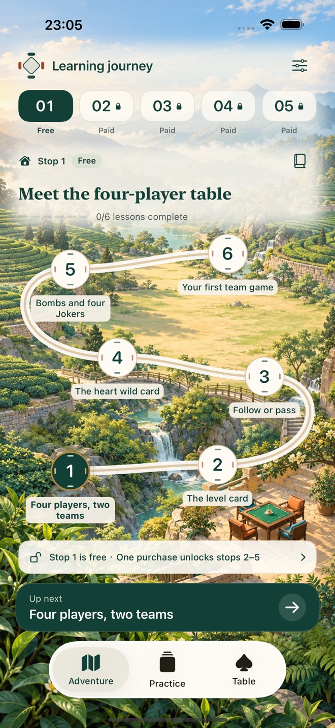 GuanDan Shifu scenic tea-mountain challenge map with six first-stop lessons