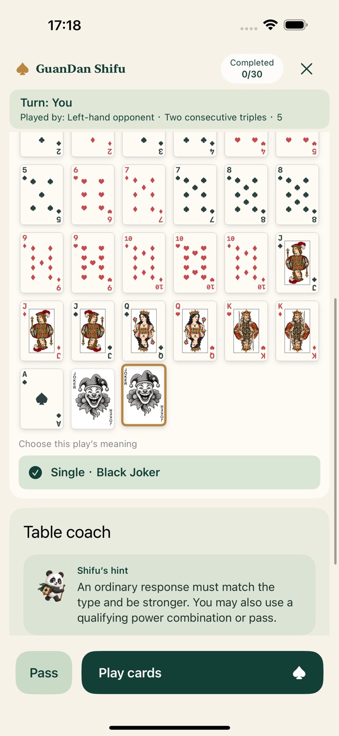 GuanDan Shifu full teaching hand with turn and played-by context
