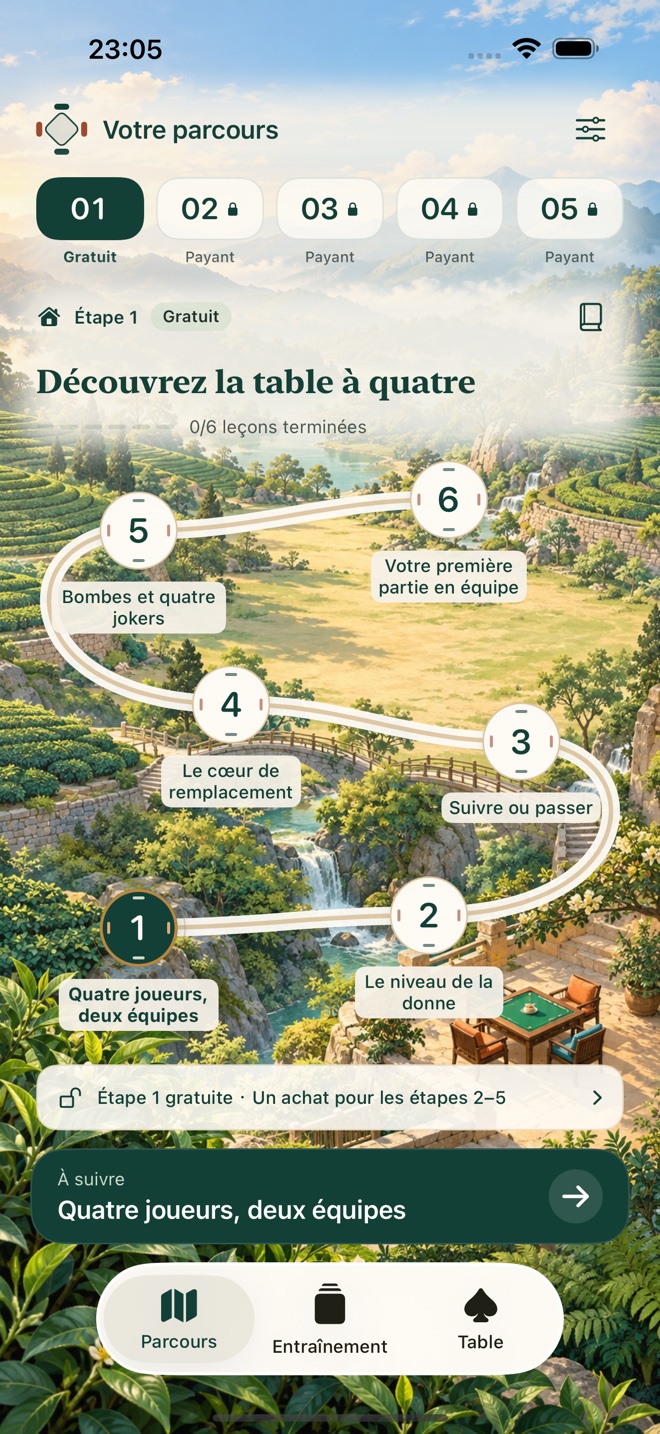 Carte de défis GuanDan Shifu dans les montagnes du thé, avec six premières leçons