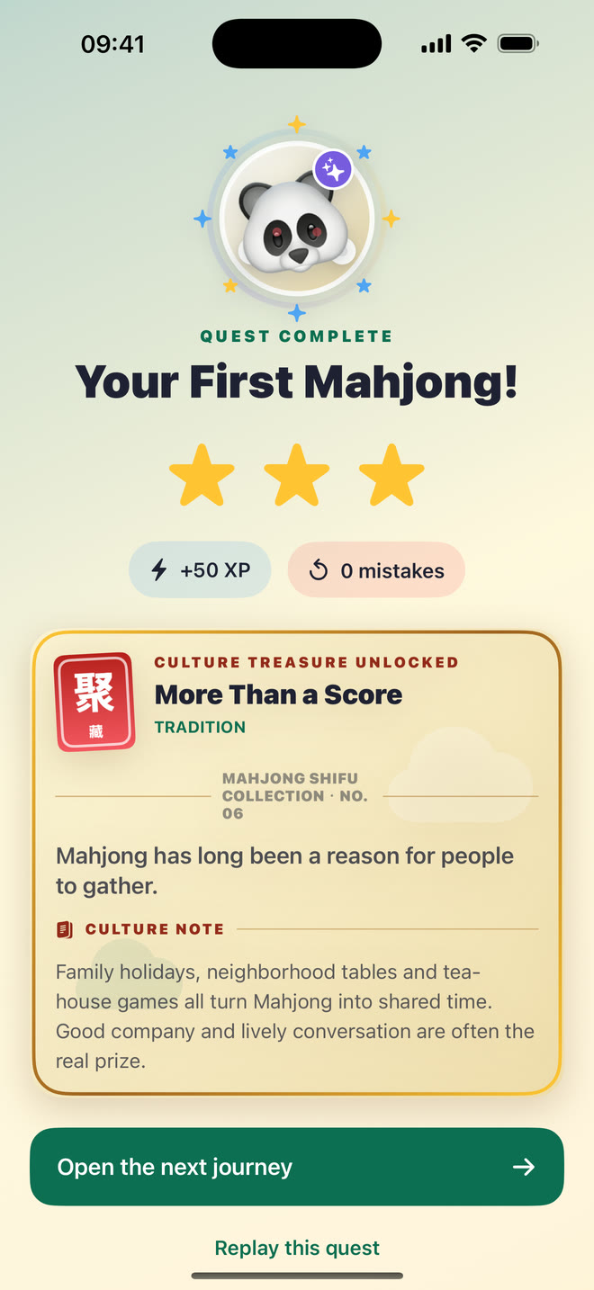 Quest completion, XP, and culture treasure reward
