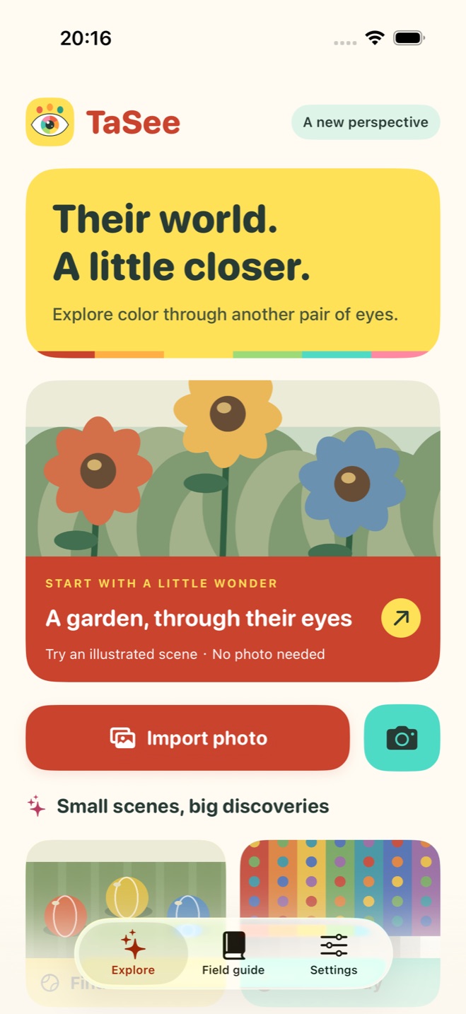 TaSee Explore screen with an illustrated garden and photo import