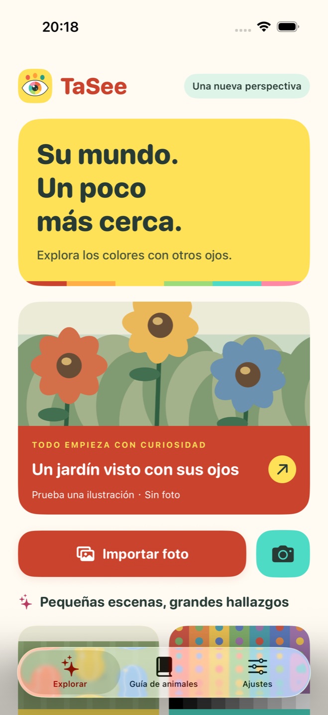 Inicio de TaSee con jardín ilustrado e importación