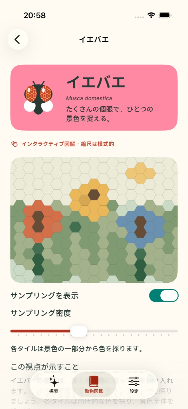 TaSeeのイエバエの目の対話式図解、日本語画面